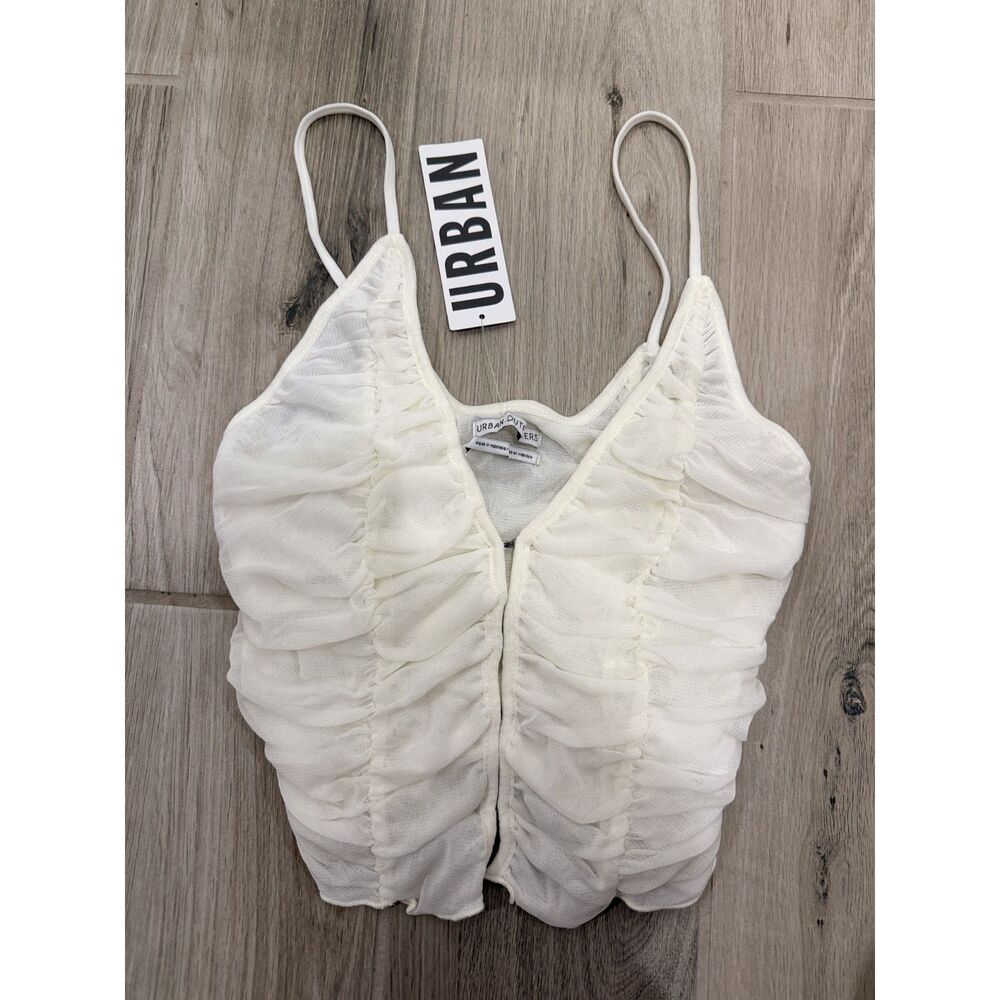Urban Outfitters Ivory Ruched Mesh Corset Cami Top S Y2K Coquette Sheer NWT